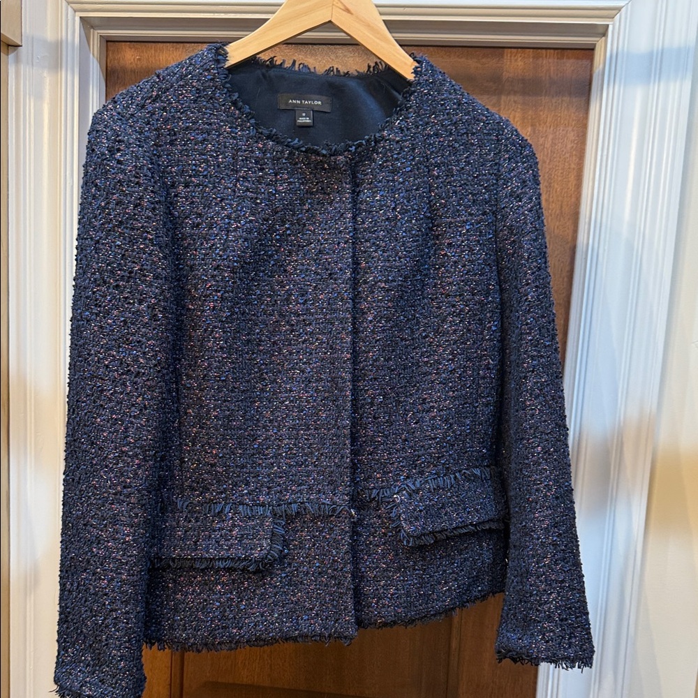 Ann Taylor Navy Multicolor Tweed Fringe Collarless Jacket